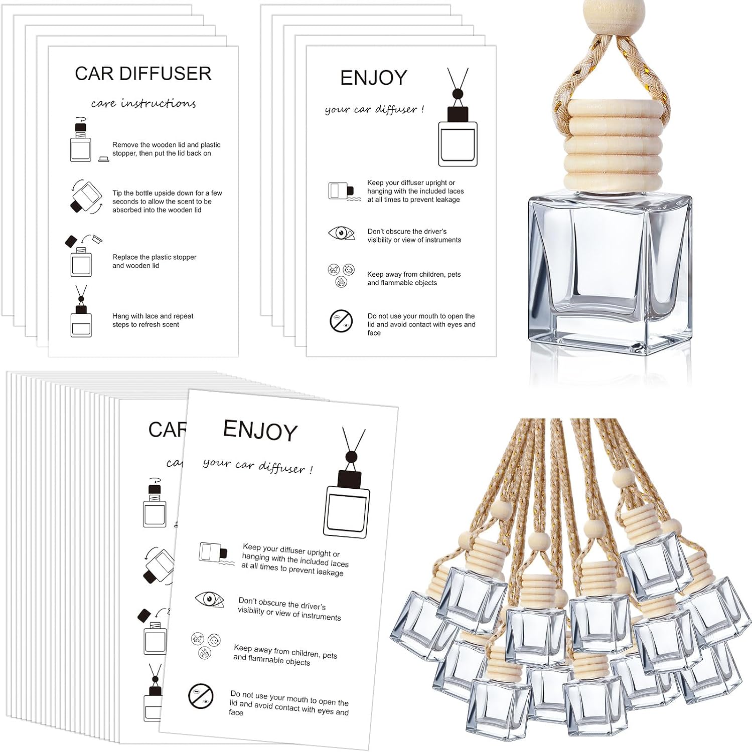 Boao 50 Sets Hanging Car Air Freshener Diffuser Bottles with 2 x 3.54 Inch Car Diffuser Instructions Cards for Empty Essential Oil Bottles(White Card,Flat Square)