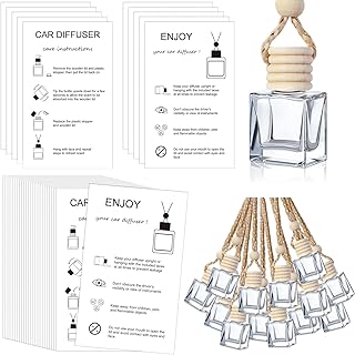 Boao 50 Sets Hanging Car Air Freshener Diffuser Bottles with 2 x 3.54 Inch Car Diffuser Instructions Cards for Empty Essential Oil Bottles(White Card,Flat Square)