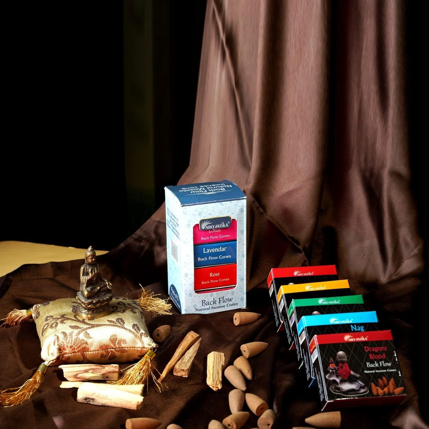 ARO VATIKA Backflow Natural Masala 50 Pack 'A' Incense Cones | 5 Different Assorted Fragrances of Nag Champa, White Sage, Dragons Blood, Palo Santo, Musk | Burn time- Approx 16-18 mins