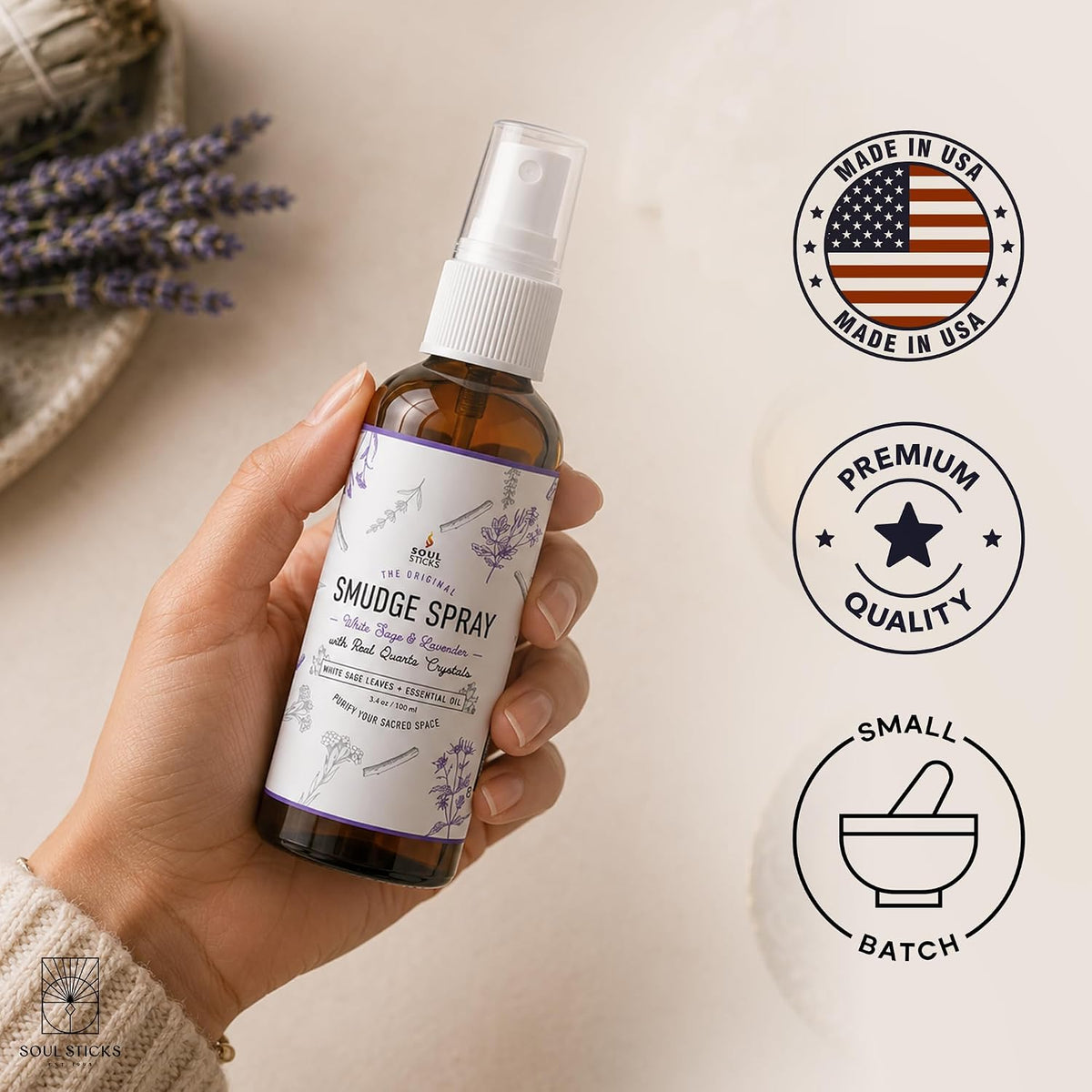 SOUL STICKS White Sage &amp; Lavender Smudge Spray – 3.5oz Smokeless Mist with Quartz Crystals – Calming Essential Oil Spray for Sleep, Stress Relief, Meditation, and Energy Cleansing