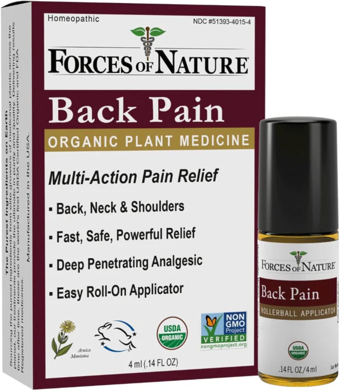 Forces of Nature Natural, Organic Back Pain Relief, w/Arnica & St John's Wort, Fast Acting Anti-Inflammatory Topical Muscle Soother for Lower Back, Sciatica, Neck, Non-GMO, Cruelty-Free, 0.14 Fl Oz