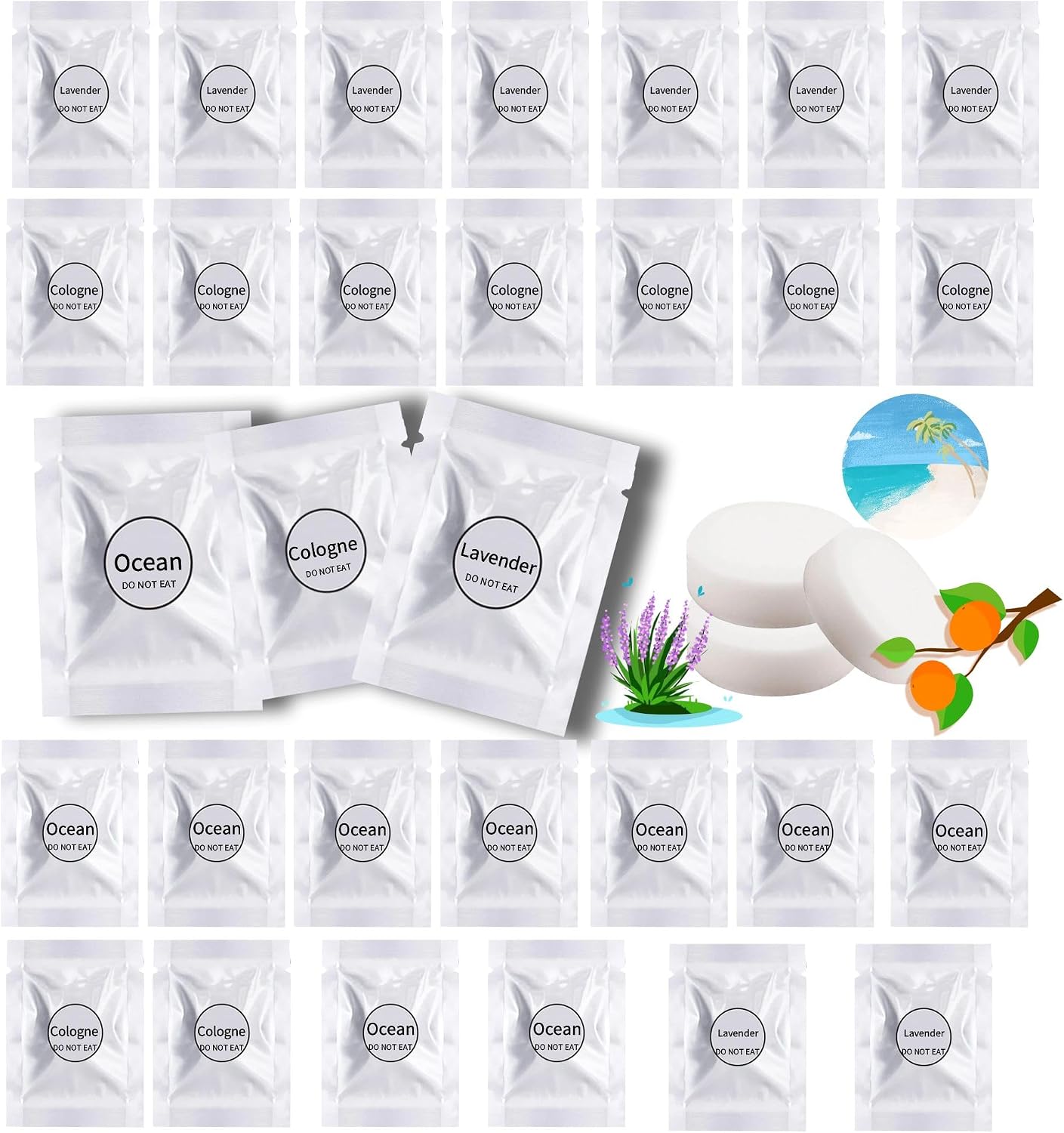 Car Air Freshener Refills, 30 Pcs Individual Package Car Air Vent Clip Replacement Pads Solid Fragrance Scent Air Freshener Refill Tablets (Lavender+Ocean+Cologne)