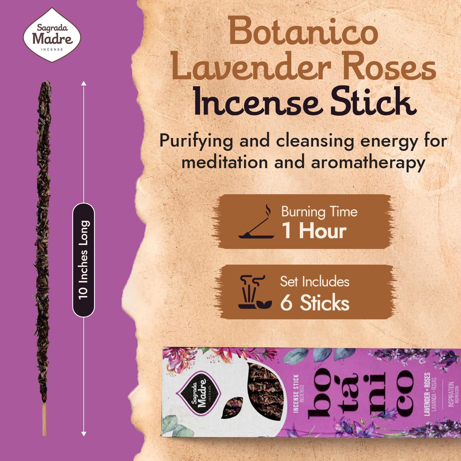 Roses Lavender Incense Sticks by Sagrada Madre - 6 Extra-Long Thick Rod with Lavender, Fruit Base & Natural Oil - Rose Incense Sticks for Relaxation, Good Fortune & Gratitude - 1 Hour Burn Time