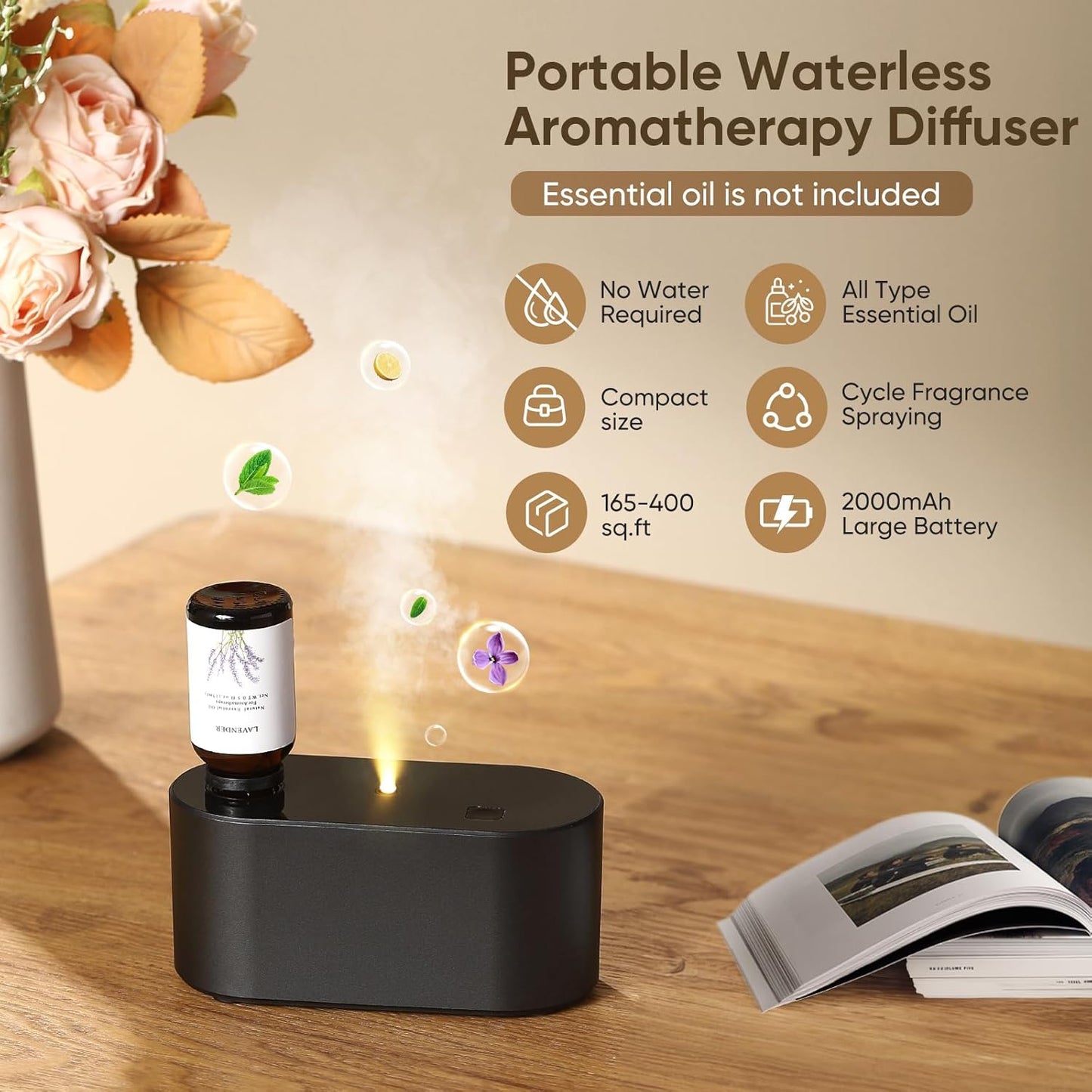 Waterless Diffuser for Home Essential Oil Diffuser, Aromatherapy Diffuser, Portable Scent Diffusers, 3 Mist Modes, Cycle Start for Bedroom, Office Studio 350-700 sq. ft Black