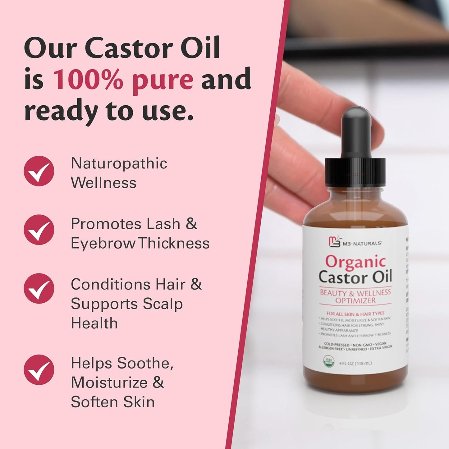 100% Pure Organic Castor Oil for Hair, Lash and Eyebrow Growth, Lymphatic Drainage and Skin Hydration | Hexane-Free, Cold Pressed, Unrefined in a 4 fl oz Glass Bottle with Dropper by M3