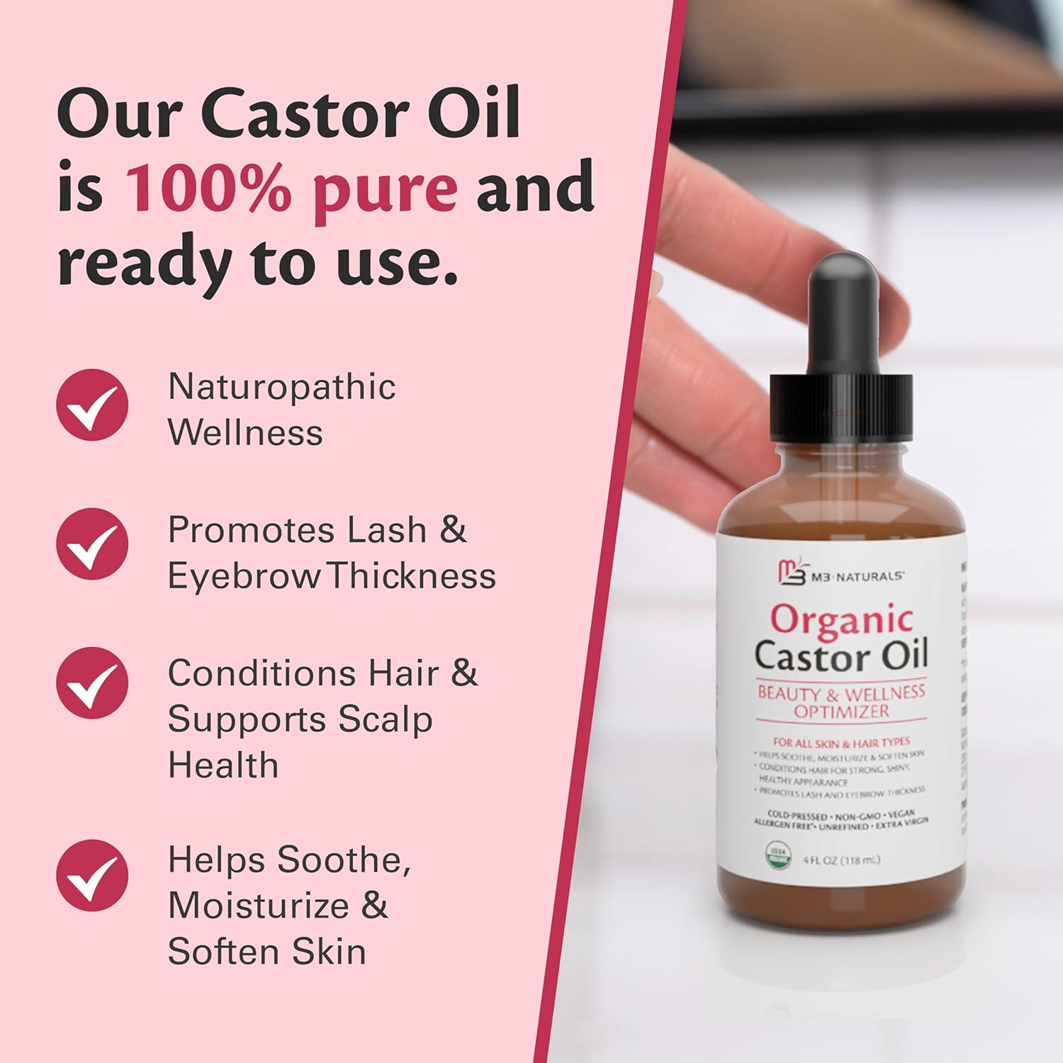 100% Pure Organic Castor Oil for Hair, Lash and Eyebrow Growth, Lymphatic Drainage and Skin Hydration | Hexane-Free, Cold Pressed, Unrefined in a 4 fl oz Glass Bottle with Dropper by M3
