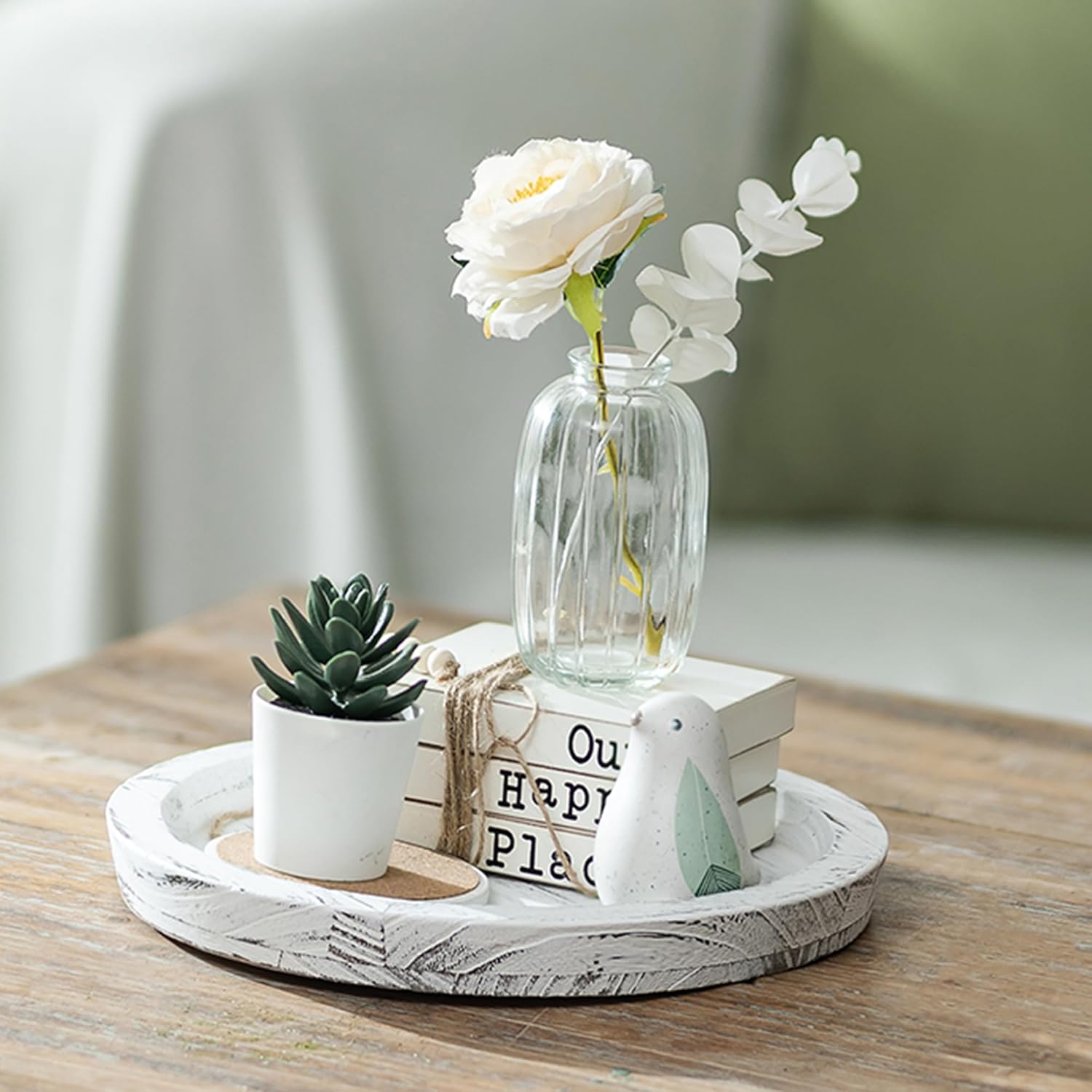 Hanobe Candle Plate Holder Tray: Round Wood Decorative Candle Plate - Rustic Farmhouse CoffeeTable Decor - Tealight Pillar Trays for Home Decor (White Rustic)