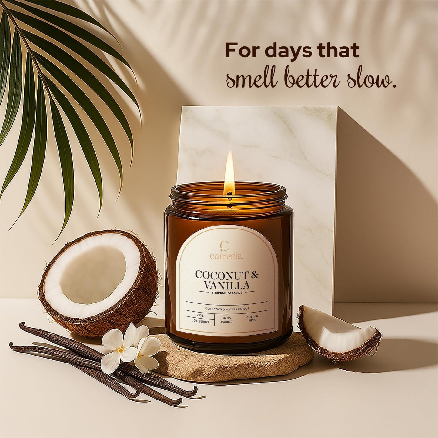Carnatia Coconut & Vanilla Scented Candle – 7 oz | 100% Soy Wax with Cotton Wick | 50 Hour Burn | Aromatherapy Candle for Home, Stress Relief & Relaxation | Gift for Women & Men