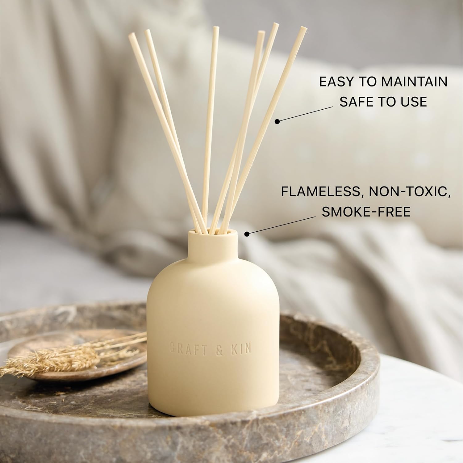 Craft & Kin Neroli & Jasmine Reed Diffuser – Earthenware Collection, 6.7 oz – Alcohol-Free Essential Oil Diffuser for Home & Bathroom – Long-Lasting Fragrance Sticks – Ceramic Room Decor