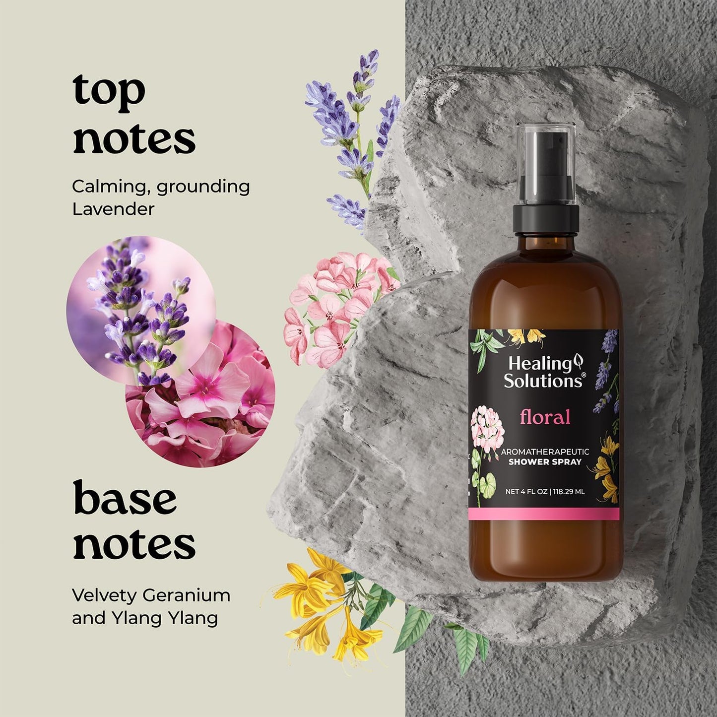 Healing Solutions Aromatherapy Shower Spray, Floral Blend, 4oz, Therapeutic Grade Essential Oils, Made in the USA, At Home Spa Experience (4oz, Floral)