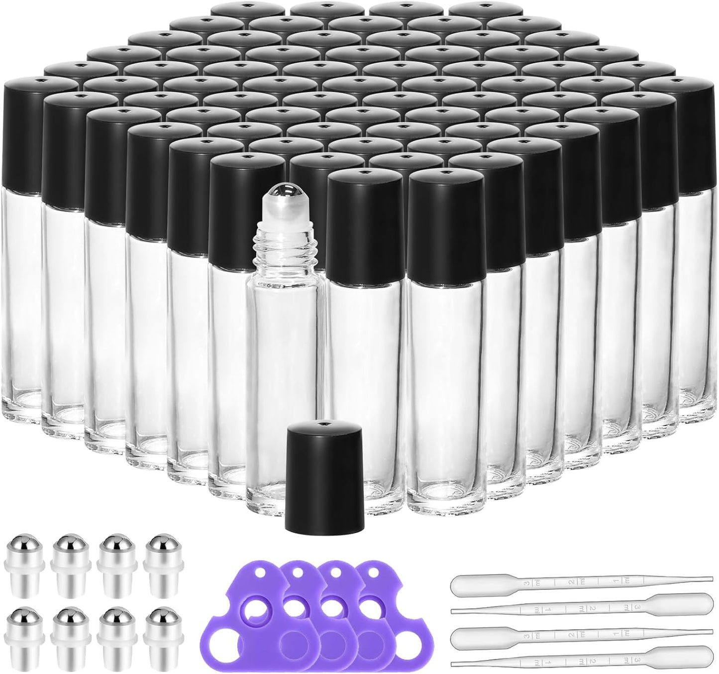 72 Pack Empty Essential Oil Roller Bottles – 10ml Amber Glass Roll-On Bottles with Stainless Steel Roller Balls & Caps, Refillable Perfume Containers for DIY & Travel（Clear）
