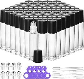 72 Pack Empty Essential Oil Roller Bottles – 10ml Amber Glass Roll-On Bottles with Stainless Steel Roller Balls & Caps, Refillable Perfume Containers for DIY & Travel（Clear）