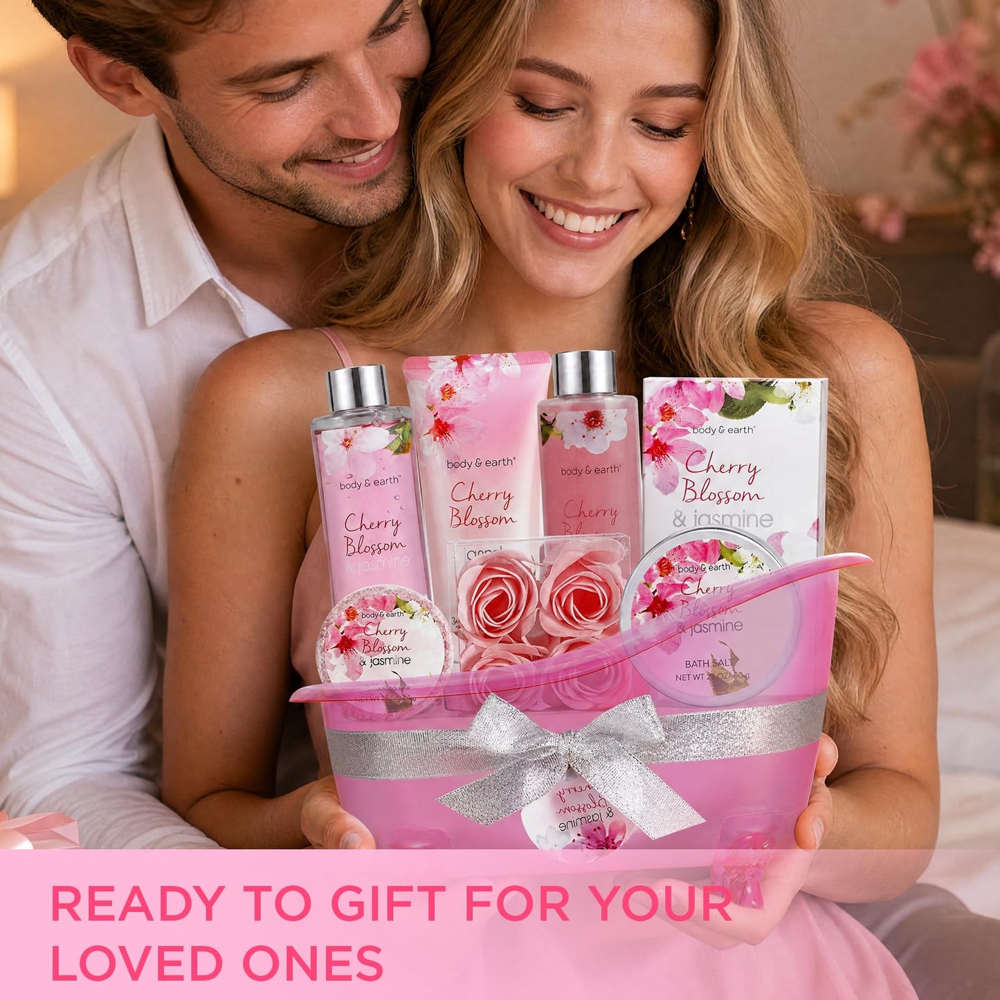 Body & Earth Spa Gifts for Women Self Care Kit - 8pcs Cherry Blossom & Jasmine Bath Sets for Women, Birthday, Mother's Day Gift Baskets for Mother, Wife, Girlfriends