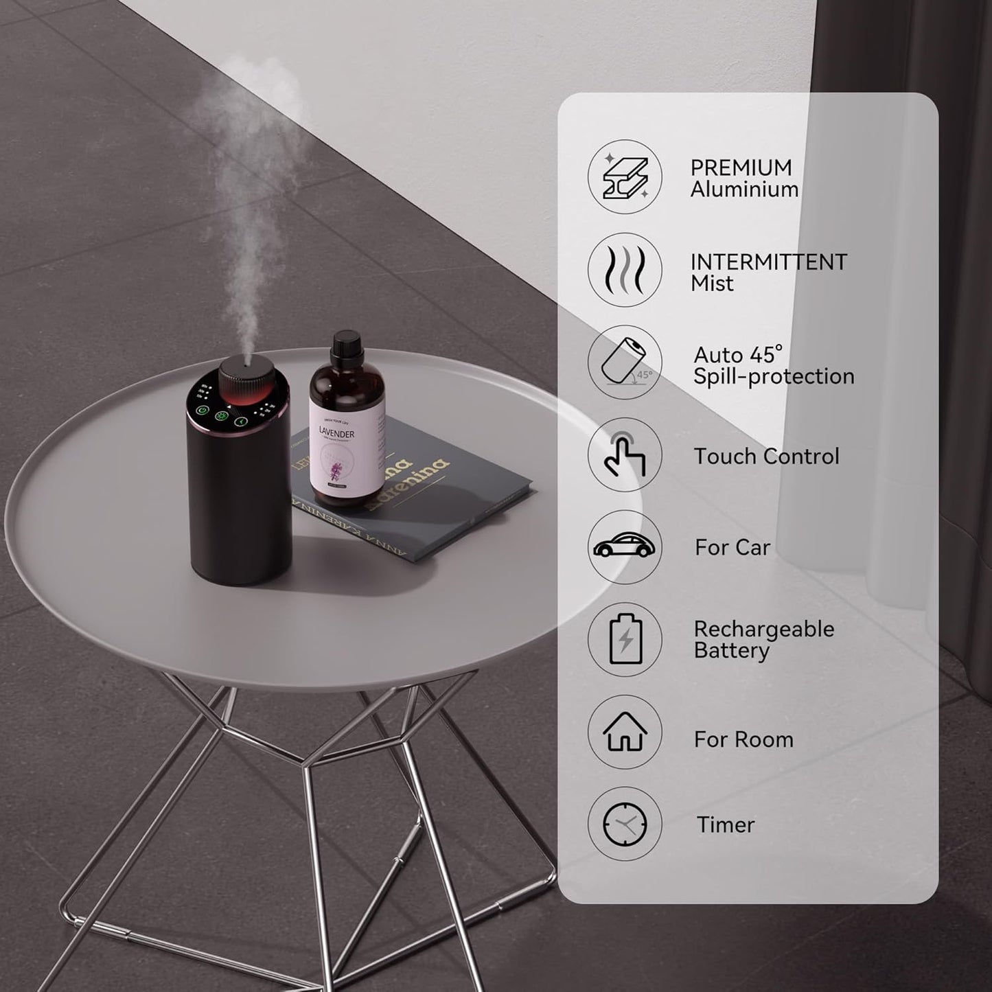 Waterless Essential Oil Diffuser Aromatherapy Scent Diffusers for Home Large Room, Bedroom, Car, Office, Desk, Battery Operated Mini Portable Air Freshener, 3 Countdown Timers & 3 Mist Levels