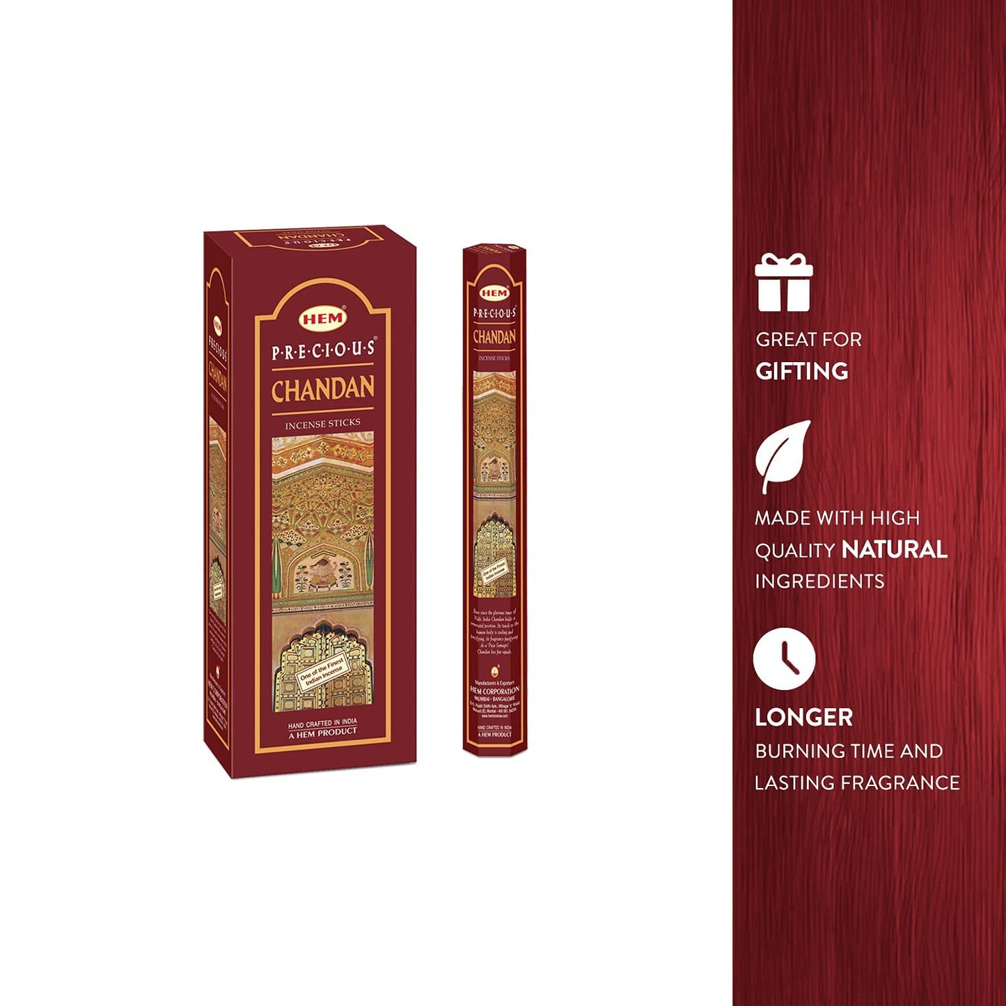HEM Precious Chandan Incense Sticks | Pack of 6 Boxes (120 Sticks) | Classic Sandalwood Aroma for Meditation, Pooja & Relaxation | Handcrafted for Calm & Positivity (Chandan)