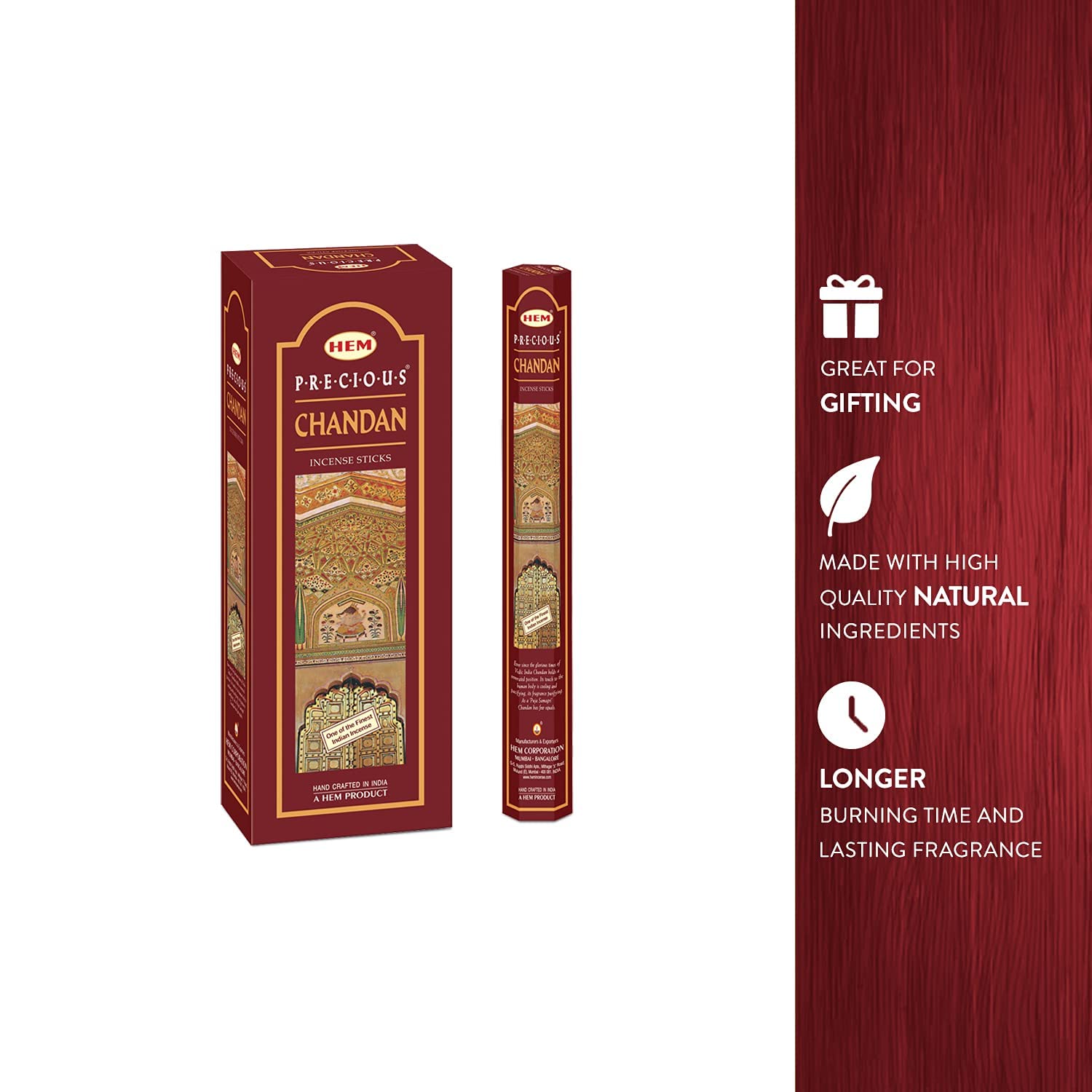 HEM Precious Chandan Incense Sticks | Pack of 6 Boxes (120 Sticks) | Classic Sandalwood Aroma for Meditation, Pooja & Relaxation | Handcrafted for Calm & Positivity (Chandan)