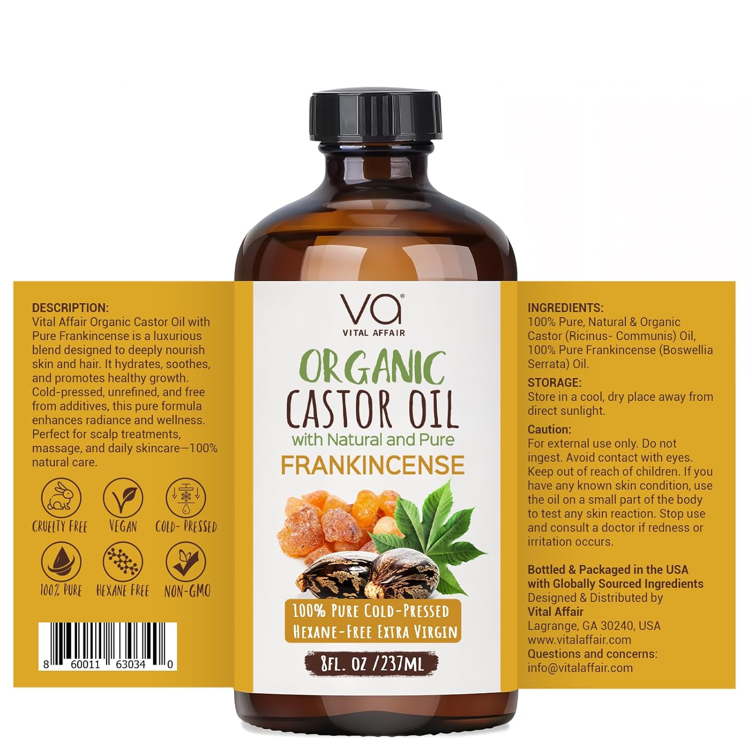 VITAL AFFAIR Organic Castor & Frankincense Oil Blend - 100% Pure and Natural, Cold Pressed, Unrefined Glass Bottle Castor and Frankincense Oil For Face & Hair Growth - 8oz
