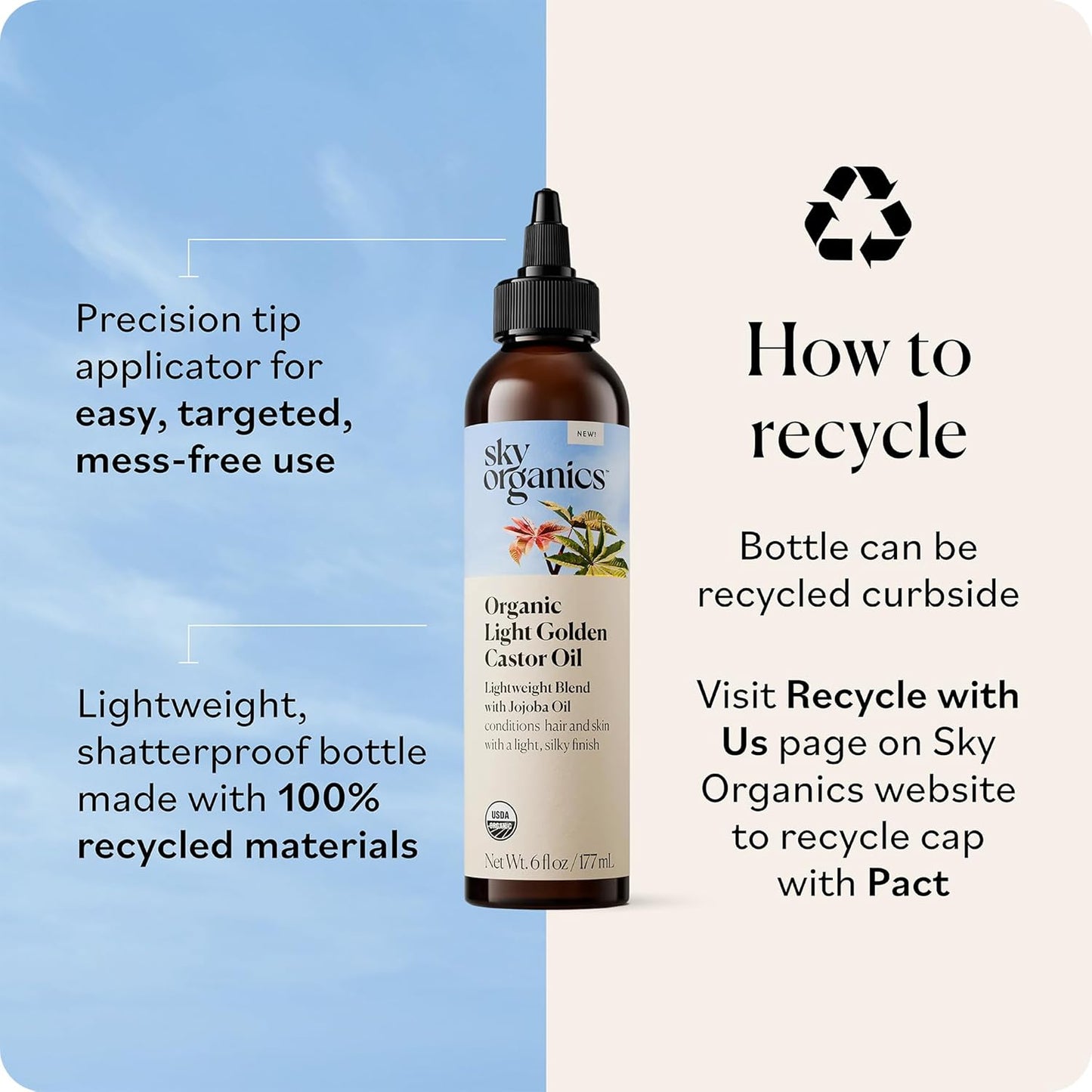 Sky Organics - Organic Light Golden Castor Oil (6 fl oz/177 mL) Conditions Hair, Skin, Brows, Scalp - Castor Oil Organic - Jojoba, Safflower Seed, Sweet Almond - Vegan, Cruelty Free, Beauty, Hair Care