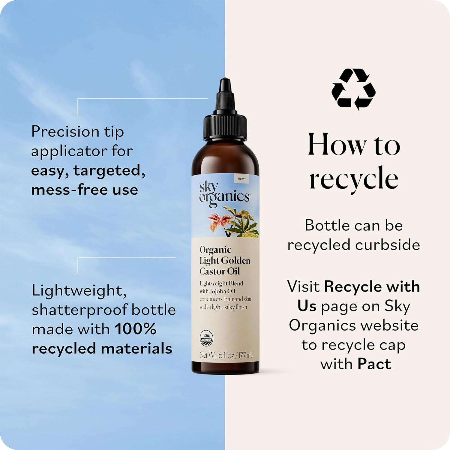 Sky Organics - Organic Light Golden Castor Oil (6 fl oz/177 mL) Conditions Hair, Skin, Brows, Scalp - Castor Oil Organic - Jojoba, Safflower Seed, Sweet Almond - Vegan, Cruelty Free, Beauty, Hair Care
