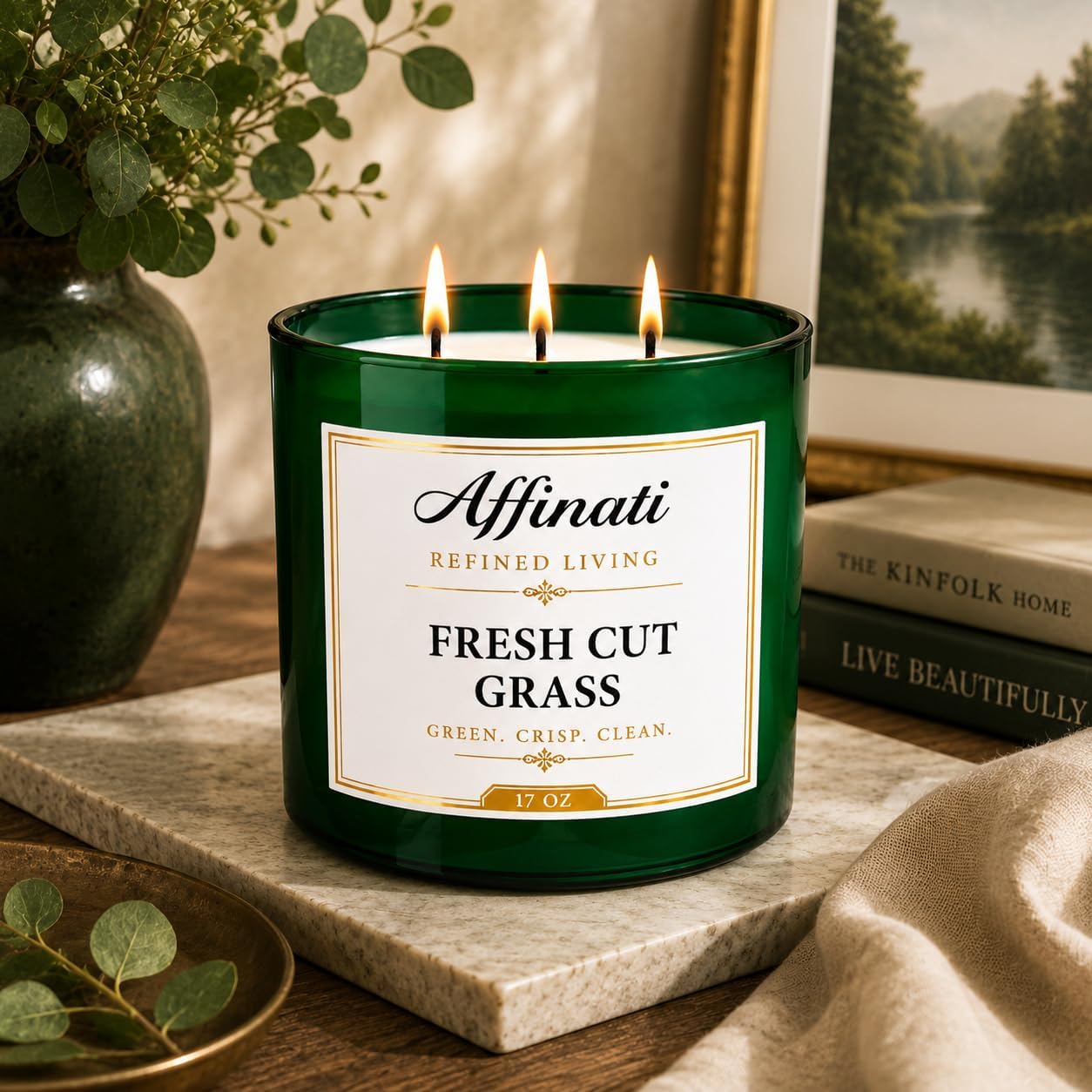 Affinati Fresh Cut Grass 3 Wick Scented Candle – Large Soy Blend Candle, Strong Scent Throw Crisp Green Botanical Aromatherapy Candles, Premium Luxury Home Fragrance