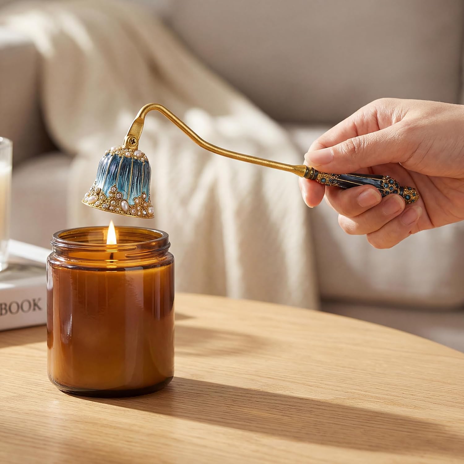 Kingrol Ornate Candle Snuffer with Hand-Enamel Finish, Decorative Zinc Alloy Candle Accessory with Crystal & Pearl Embellishments, Elegant Tool for Gently Extinguishing Candles