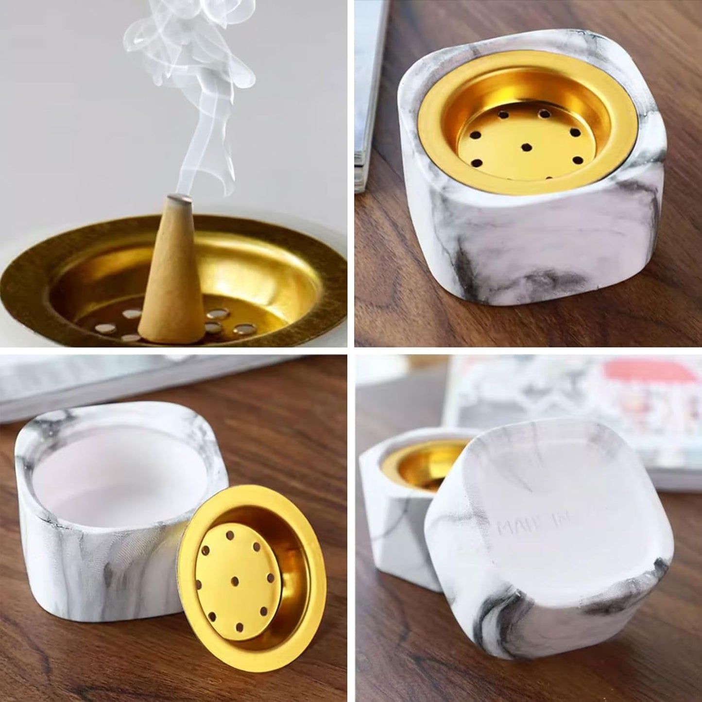 Mini Marble-Patterned Ceramic Incense Burner with Brass Tray for Bakhoor, Resin, and Cones, 2.75 x 2.75 x 1.5 inches; Ideal for Maison d'Orient Charcoal Briquettes (33mm & 44mm)