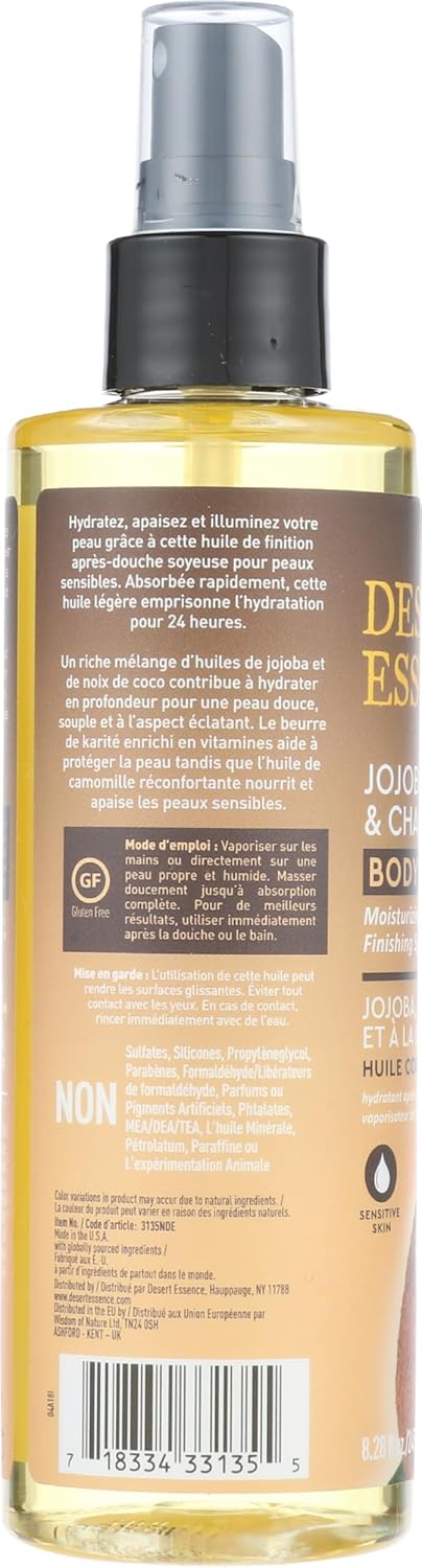 Desert Essence Jojoba, Coconut & Chamomile Body Oil Spray, 24-Hour Moisture After Shower Finishing Oil for Sensitive Skin, Fast-Absorbing Hydration, 8.28 fl oz