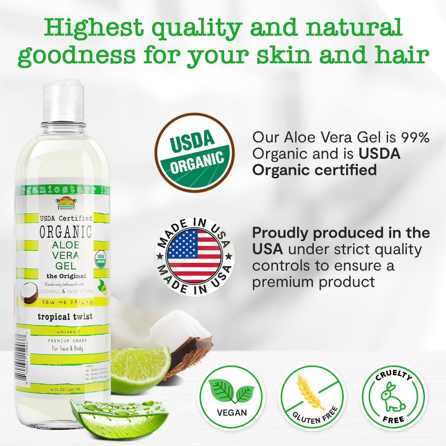 USDA Certified Organic Aloe Vera Gel 12 oz - 100% Pure, Cold Pressed, Hand Harvested, Infused with Coconut, Lime & Verbena Essential Oils, Chemical-Free - Skin & Hair Care, Made in USA