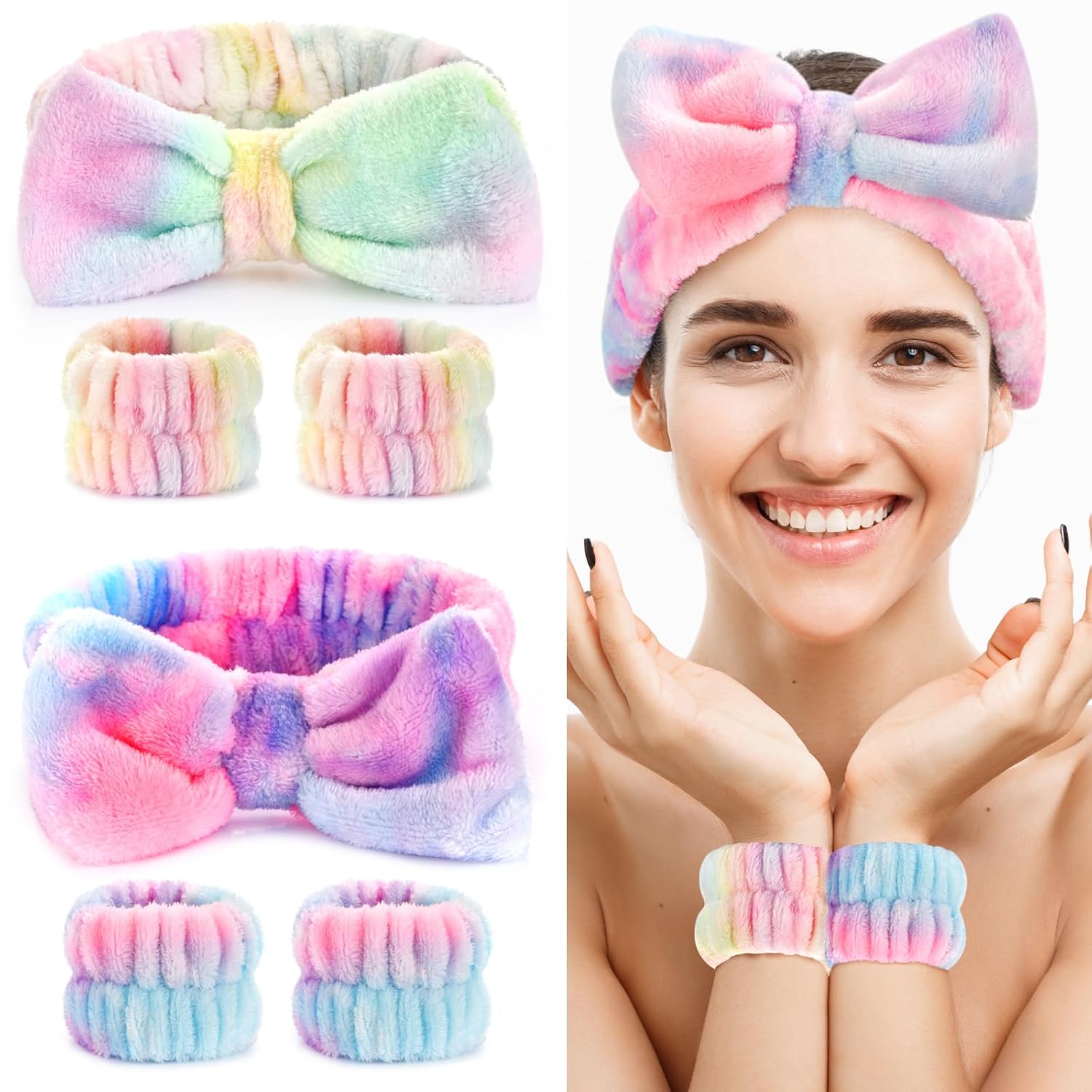 Wteehn 6pcs Headband and Wristband for Face Washing, Makeup Spa Skincare Headband, Skin Care Face Wash Headbands Wrist Bands Tools Set, for Women and Teen Girls Gifts