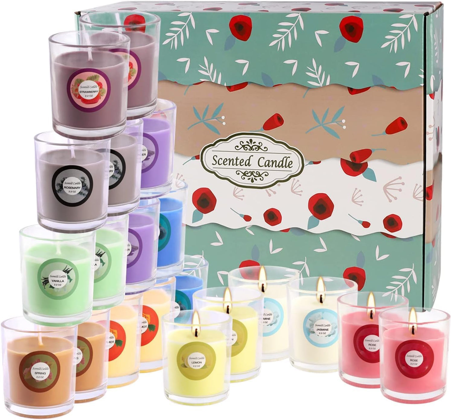 YOROXRG Scented Candles, Jasmine, Rose, Vanilla, Bergamot, fig, Lavender, Lemon, Spring,Strawberry, Rosemary, Aromatherapy Candles,Soy Wax Glass Jar Candle - 40 Pack