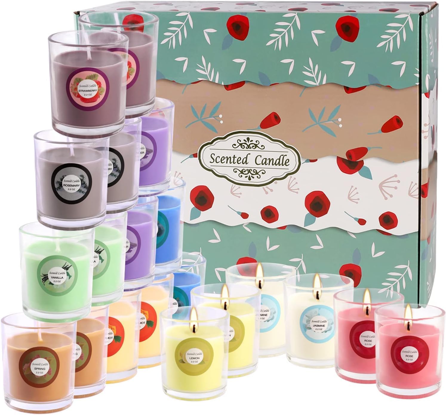YOROXRG Scented Candles, Jasmine, Rose, Vanilla, Bergamot, fig, Lavender, Lemon, Spring,Strawberry, Rosemary, Aromatherapy Candles,Soy Wax Glass Jar Candle - 40 Pack
