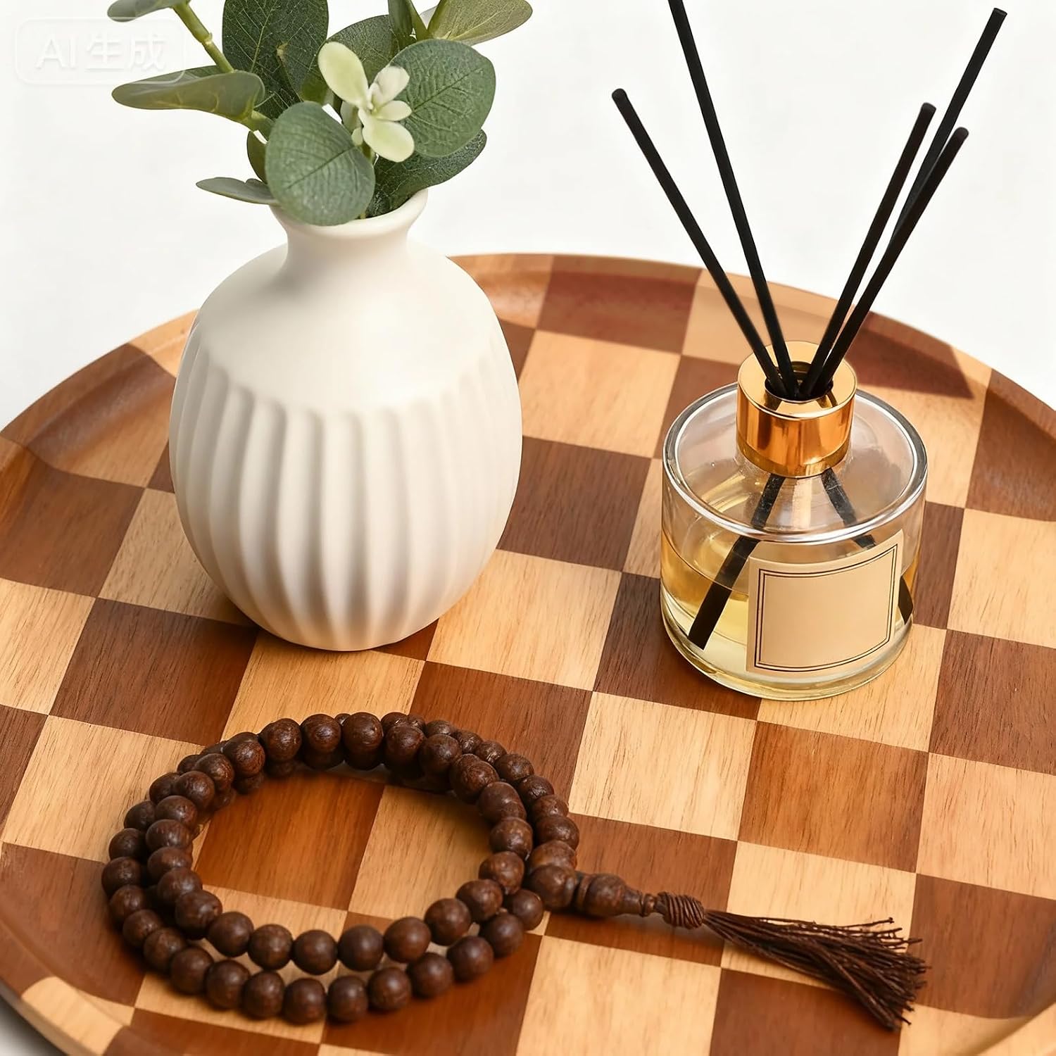 MSJGA 11 Inches Round Wooden Serving Trays Decorative Candle Plate Holder with Unique Checkered Design for Home Decor, Coffee Table, Dining Table, Kitchen Island