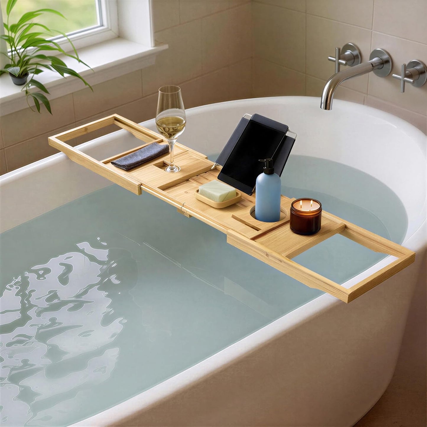 Amazon Basics Expandable Bamboo Bathtub Tray Caddy, 29.5-43 in, Spa Bath Organizer