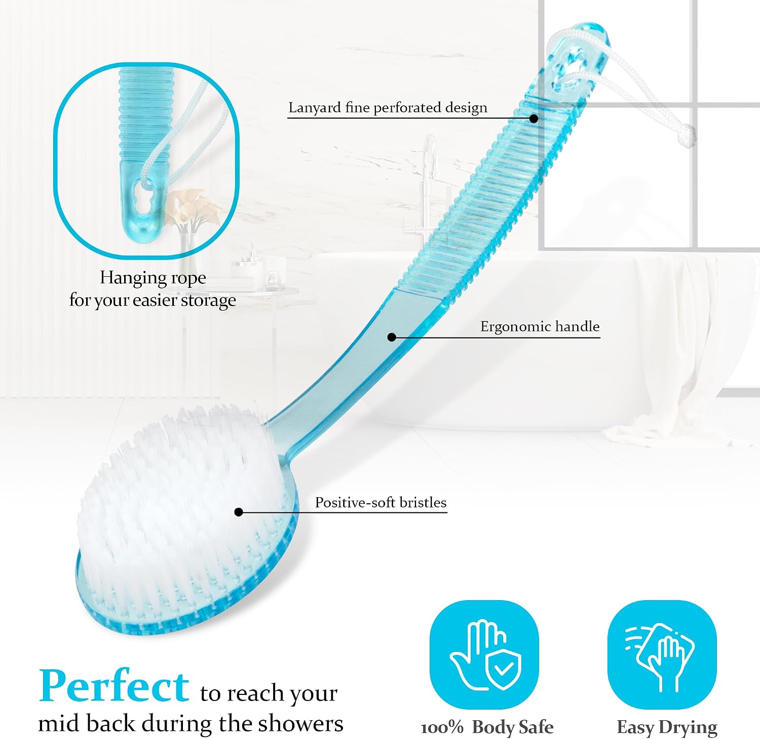 DecorRack Bath Brush with Bristles, Long Handle for Exfoliating Back, Body, and Feet, Bath and Shower Scrubber, Blue (1 Pack)