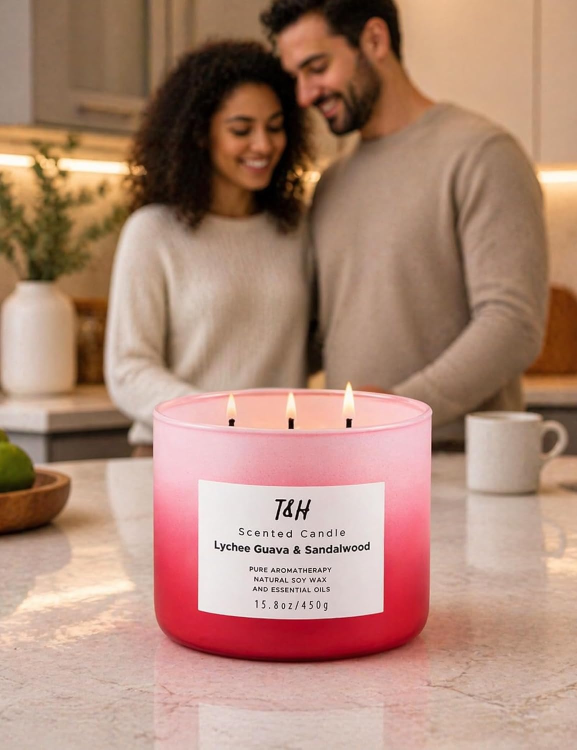 Lychee Guava Sandalwood 3 Wick Pink Scented Soy Summer Candle 15.8 oz | Sweet, juicy fruity tropical aromatherapy candle; clean burning, fills the room; candles for women; gift for girlfriend