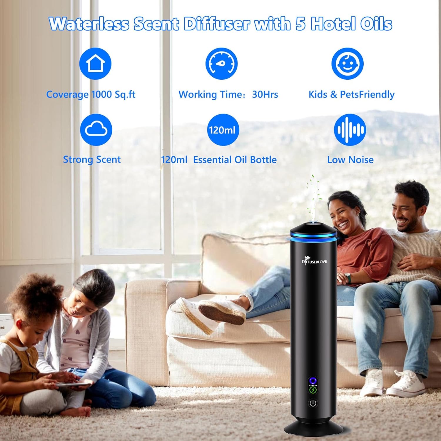Diffuserlove Full Metal Body Waterless Scent Diffuser with 5 Hotel Scent Oils Hotel Diffuser Waterless Aromatherapy Essential Oil Diffuser UP to 1000 Sq Ft Coverage for Home Office