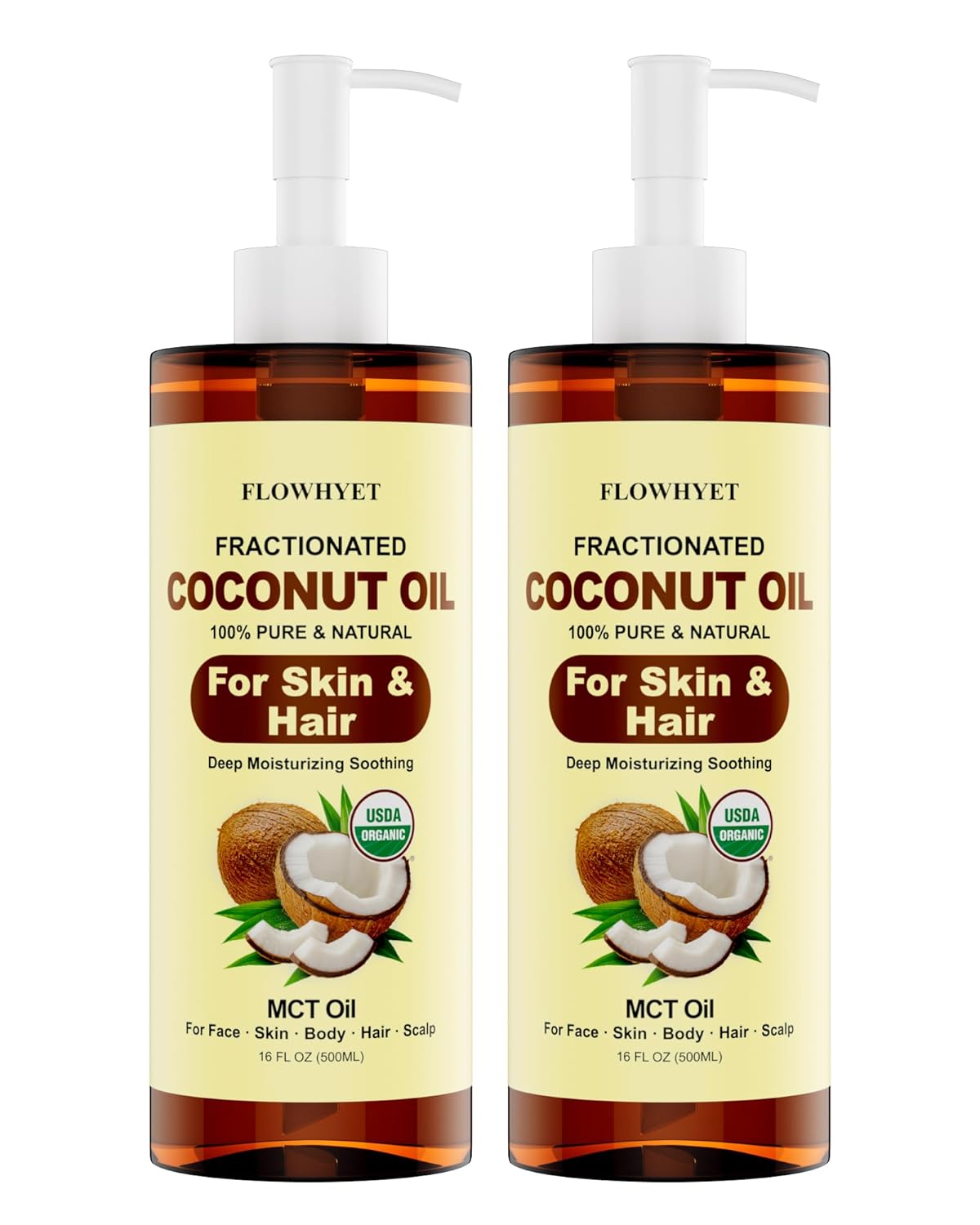 Organic Fractionated MCT Coconut Oil, 32 Fl Oz (2 x 16 Fl Oz), USDA Certified, 100% Pure & Natural Liquid Coconut Oil for Skin, Face, Body, Hair & Scalp, Lightweight Carrier Oil, Massage Oil