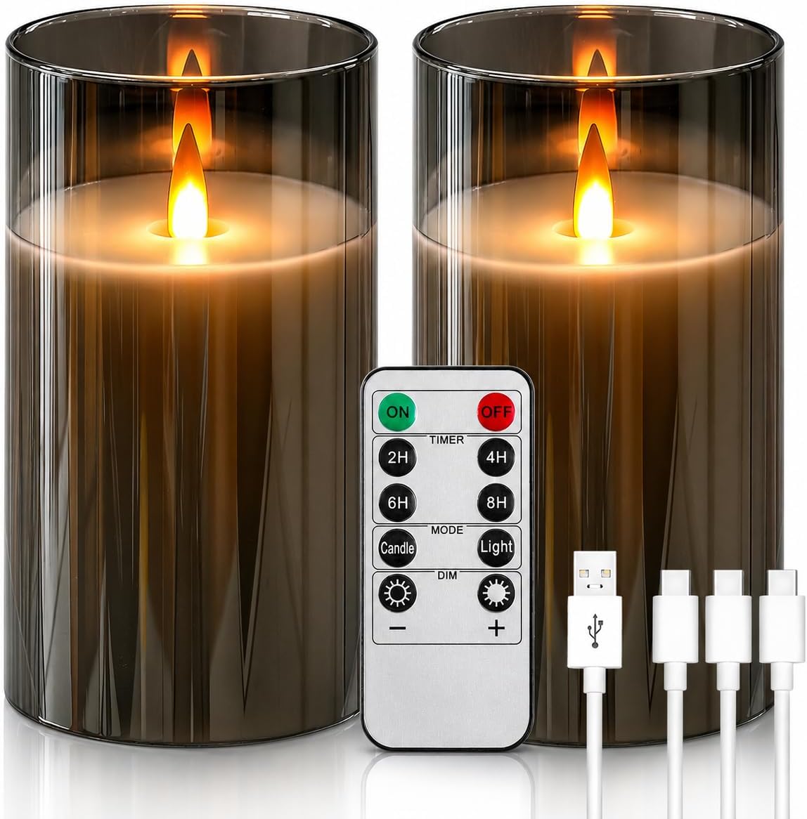 Rechargeable Flickering flameless Candles, USB Rechargeable Candles, Acrylic LED Pillar Candles, with Remote Control Timer, Gray (2-piece Set) for Home and Holiday Decoration