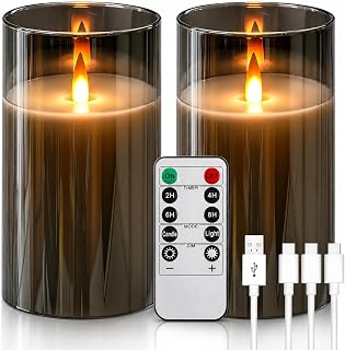 Rechargeable Flickering flameless Candles, USB Rechargeable Candles, Acrylic LED Pillar Candles, with Remote Control Timer, Gray (2-piece Set) for Home and Holiday Decoration