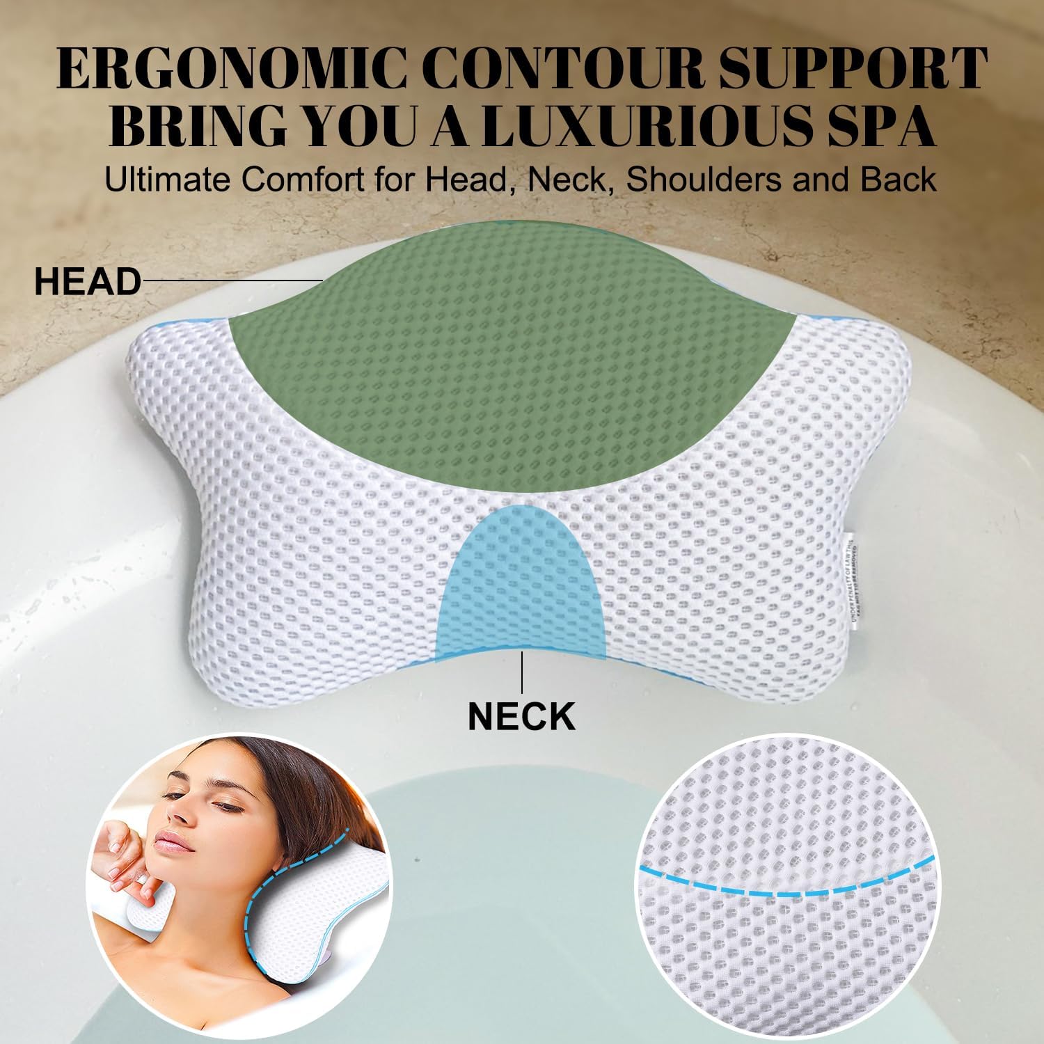 Non Slip Bath Pillow, Luxury Spa Bathtub Head & Neck Rest Support, Permeable Quick Drying Air Mesh Tub Pillow with 4 Large Suction Cups, Fits Any Tubs, Soft and Relaxing (White)