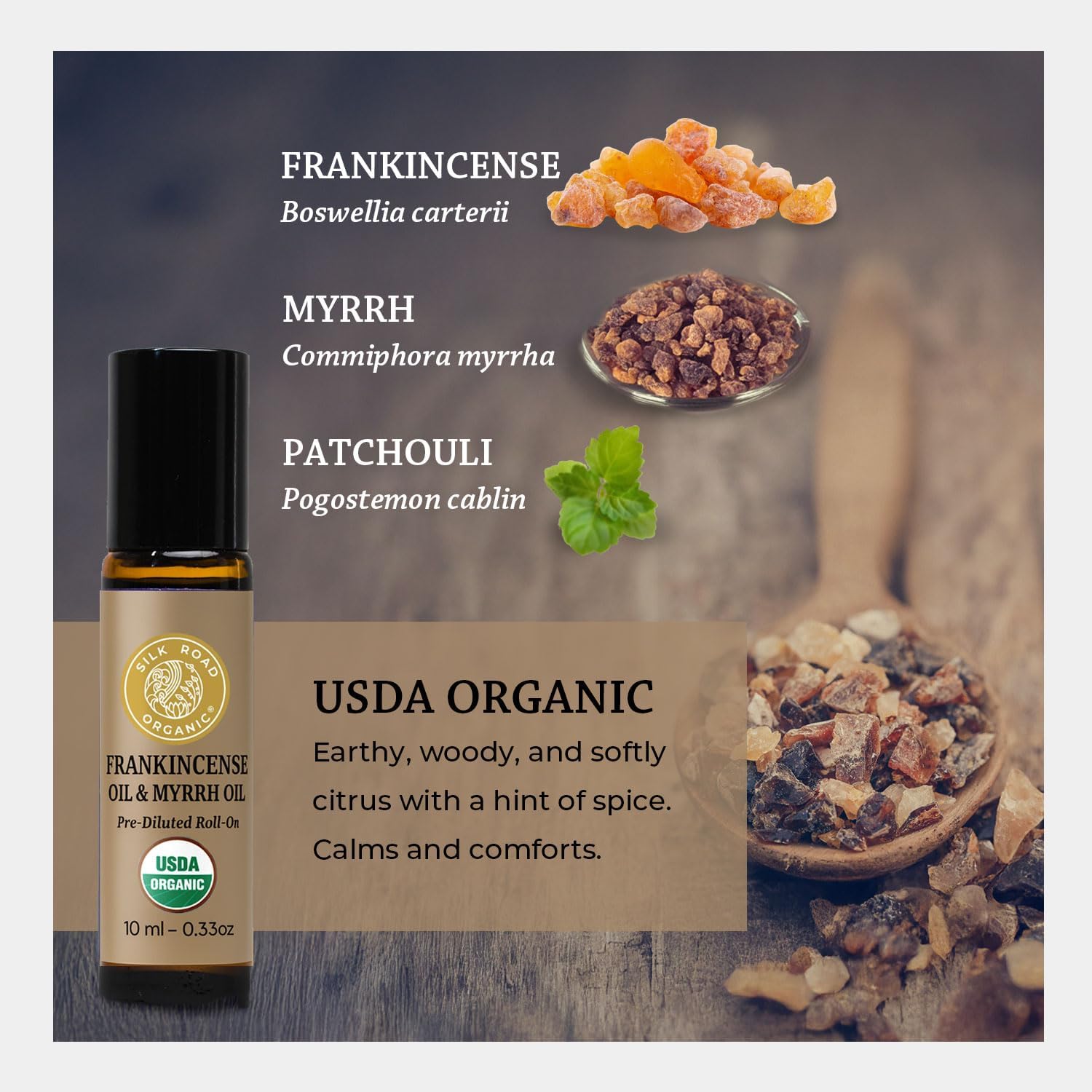 Silk Road Organic Frankincense Oil & Myrrh Essential Oil Roll On for Body Aches, Stiffness & Tingling - USDA Certified Aromatherapy Roller, 10ml