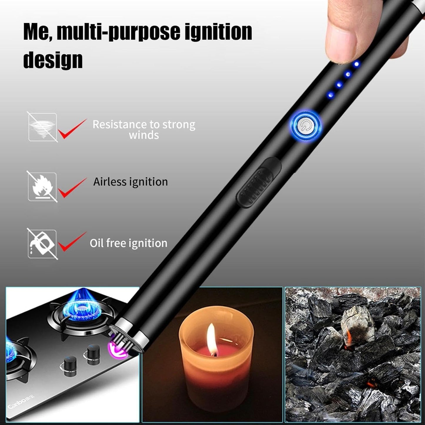 Windproof USB Ignition Lighter, Flexible Long Neck, No Flame, Windproof, Rechargeable, Ideal for Kitchen, Candle, Gas Stove, Outdoor Use (White)
