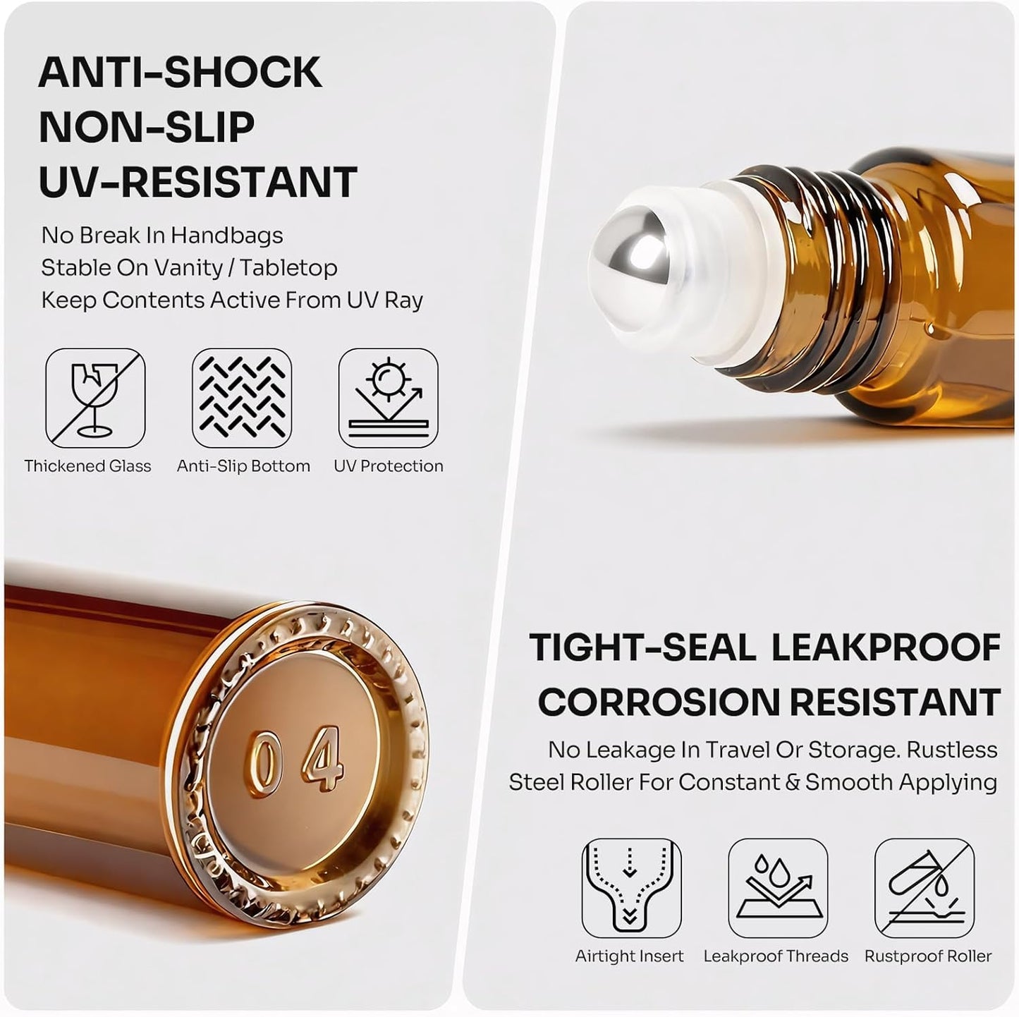Roller Bottles for Essential Oils Roll On Bottles 8 Pack, 10ml Oil Roller Bottle Amber Thick Glass Empty with Oil Perfume Lip Gloss DIY Kits Boho Stickers Leak-Proof Refillable for Travel, Gift
