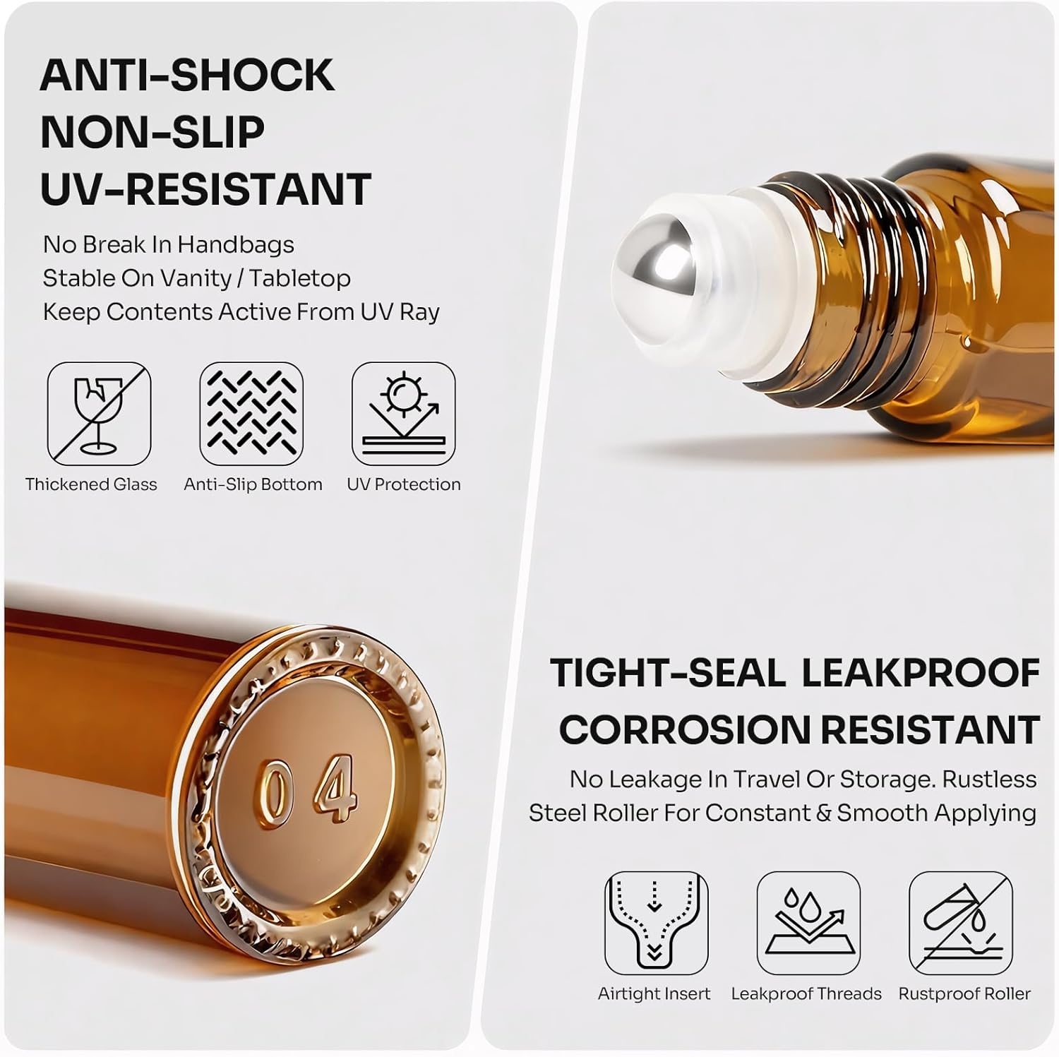 Roller Bottles for Essential Oils Roll On Bottles 8 Pack, 10ml Oil Roller Bottle Amber Thick Glass Empty with Oil Perfume Lip Gloss DIY Kits Boho Stickers Leak-Proof Refillable for Travel, Gift