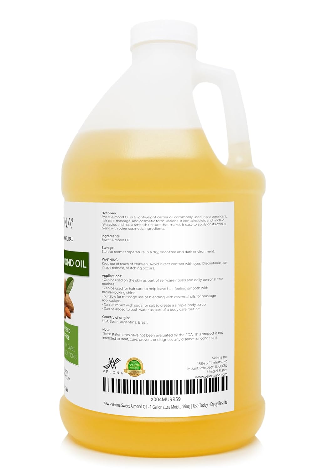 velona Sweet Almond Oil - 1 Gallon / 128 Fl Oz | 100% Pure and Natural Carrier Oil |Cold Pressed | Skin, Hair, Body & Face Moisturizing | Use Today - Enjoy Results…