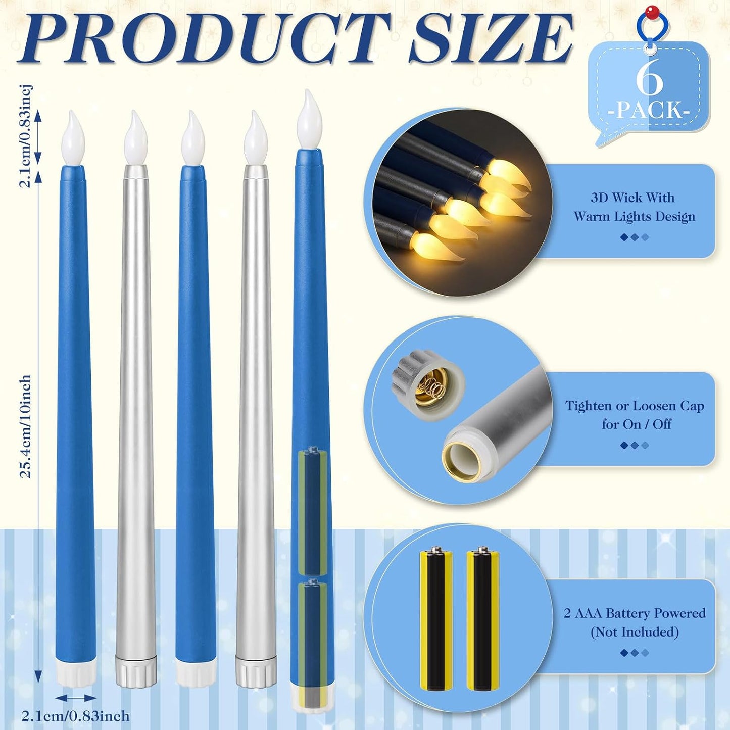Baquler 6 Pcs 11'' Blue Silver Flameless Taper Candles Battery Operated Candle LED Plastic Flickering Candlesticks for Birthday Wedding Baby Shower Graduation Prom Dinner Home Party Decor