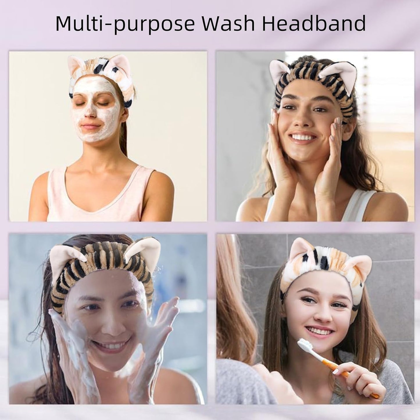 TEBIEKOY Plush Cat Ears Spa Headband For Washing Face Skincare Makeup, Elastic Animal Headbands for Women Girls Soft Coral Fleece Facial Wash Hair Accessories Trendy Stuff Gifts, 2PCS
