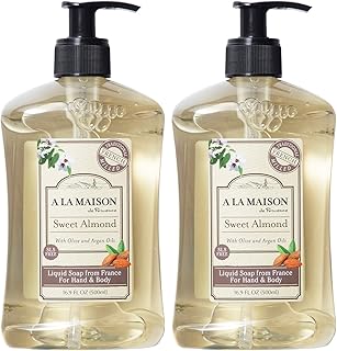 A LA MAISON Sweet Almond French Liquid Hand Soap - Natural Hand Wash Made with Essential Oils - Biodegradable, Plant-Based, Vegan, Cruelty-Free, Alcohol & Paraben Free (16.9 oz, 2 Pack)