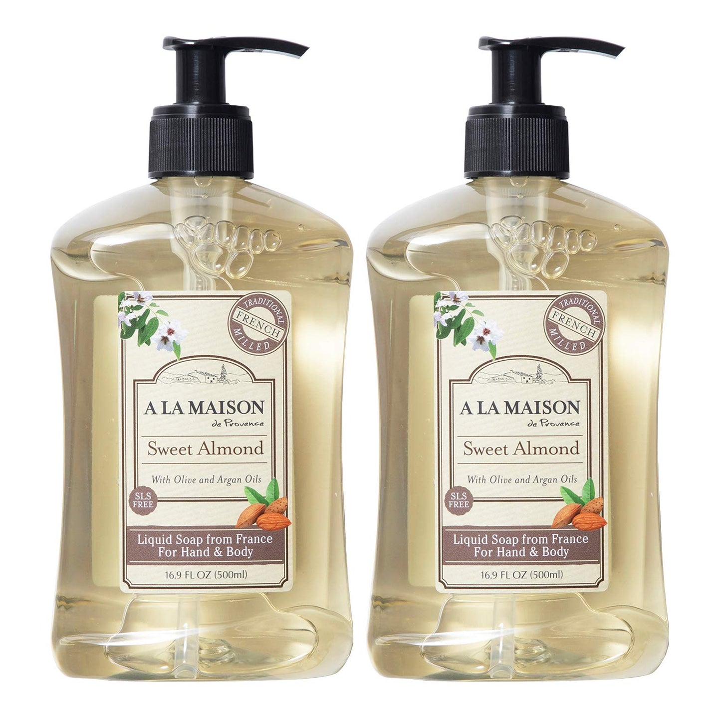 A LA MAISON Sweet Almond French Liquid Hand Soap - Natural Hand Wash Made with Essential Oils - Biodegradable, Plant-Based, Vegan, Cruelty-Free, Alcohol & Paraben Free (16.9 oz, 2 Pack)