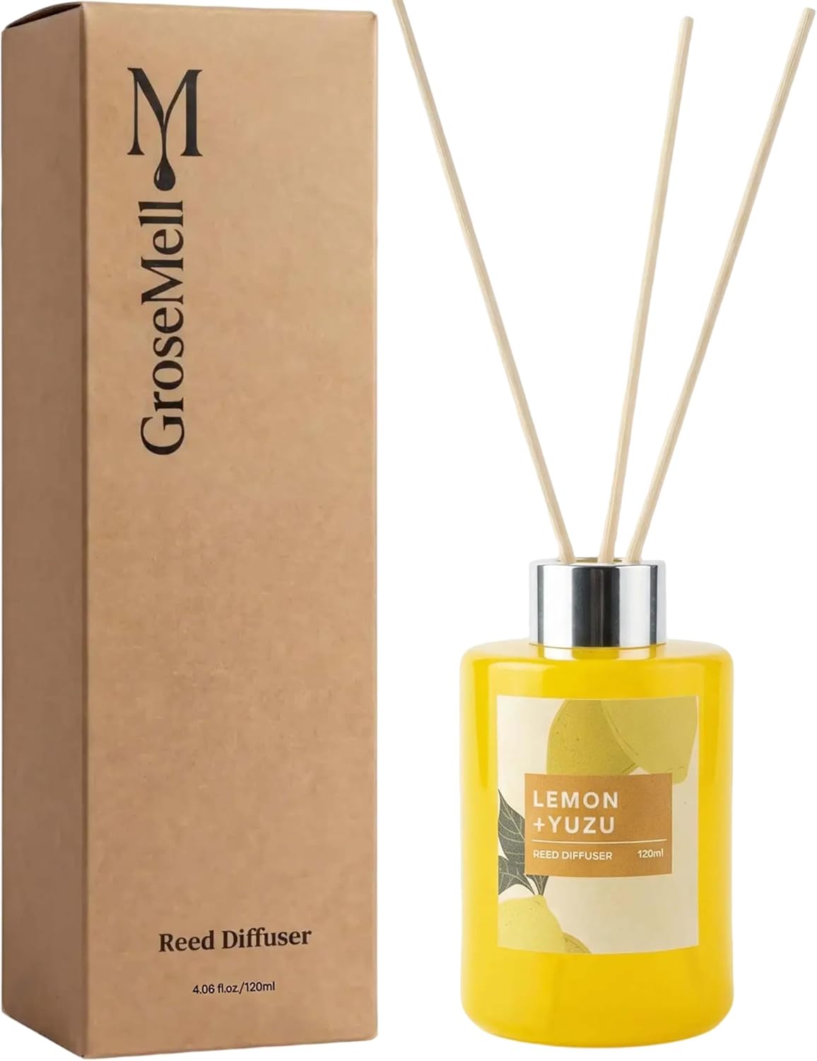 Fresh Lemon Scented Reed Diffuser Set – 4.06 fl.oz (120ml) with Sticks, Natural Essential Oil Aromatherapy for Home, Bedroom & Bathroom Decor, Housewarming Gift